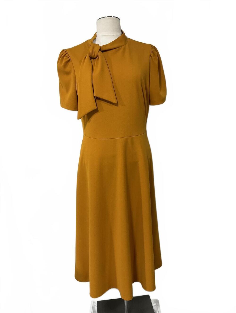 ivy + blu Mustard Yellow Midi Dress with Bow Detail, Size US 10 dd2